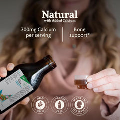 Close-up of Floradix Calcium Liquid label showing vegan, non-GMO formula