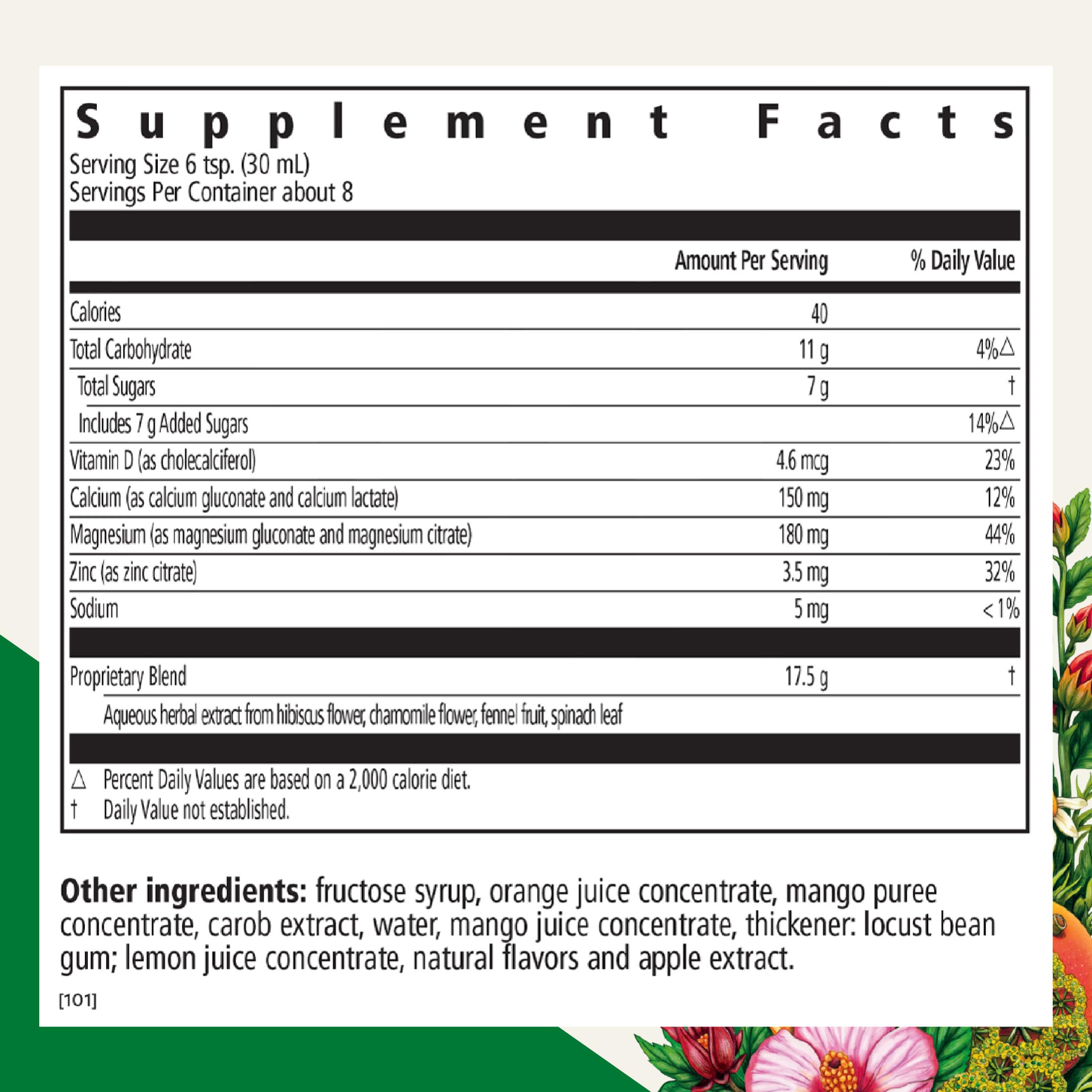 Floradix calcium magnesium liquid ingredients label highlights vegan vitamin D
