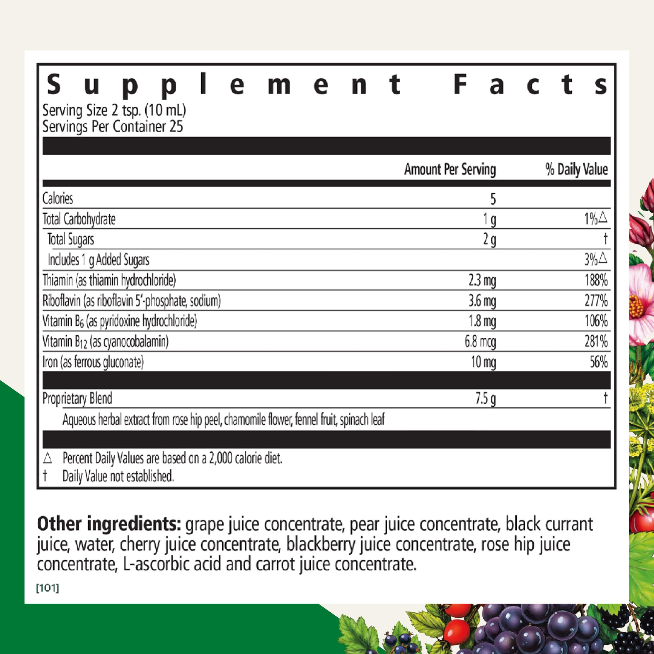 Floravital label close-up showing vitamin C and B complex for absorption