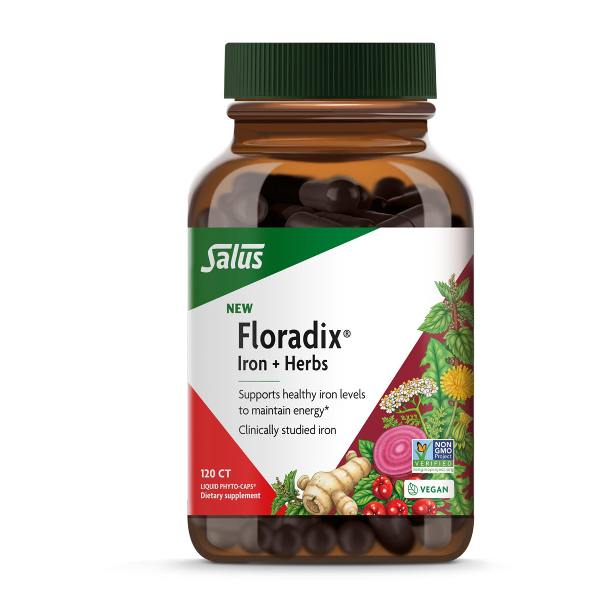 Floradix Iron + Herbs bottle with capsules supports energy.
