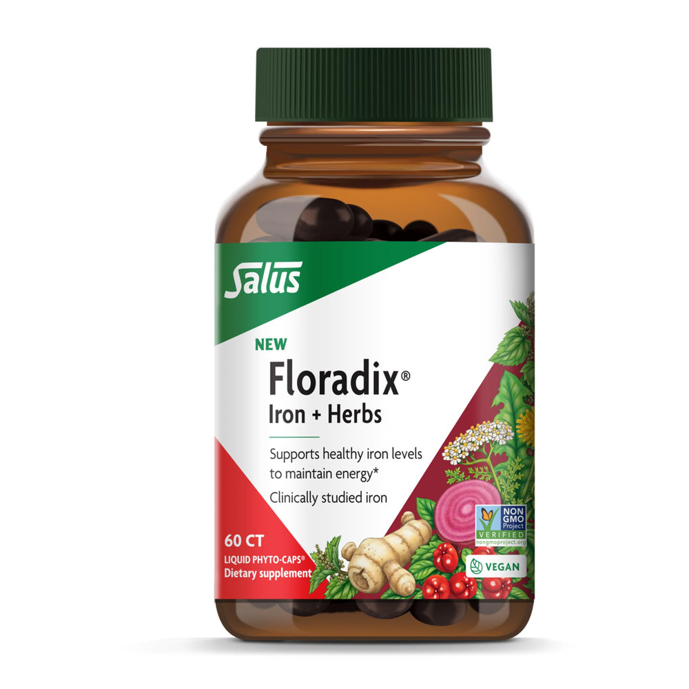 Floradix Iron + Herbs bottle on shelf, vegan energy support.