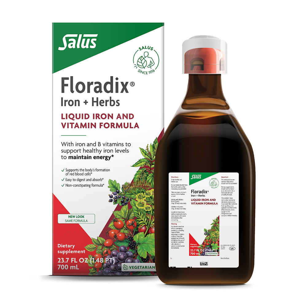 Floradix Iron & Herbs bottle showing the liquid formula for daily energy support