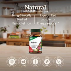Floradix Iron + Herbs label close-up highlights Ferrochel iron gentleness.