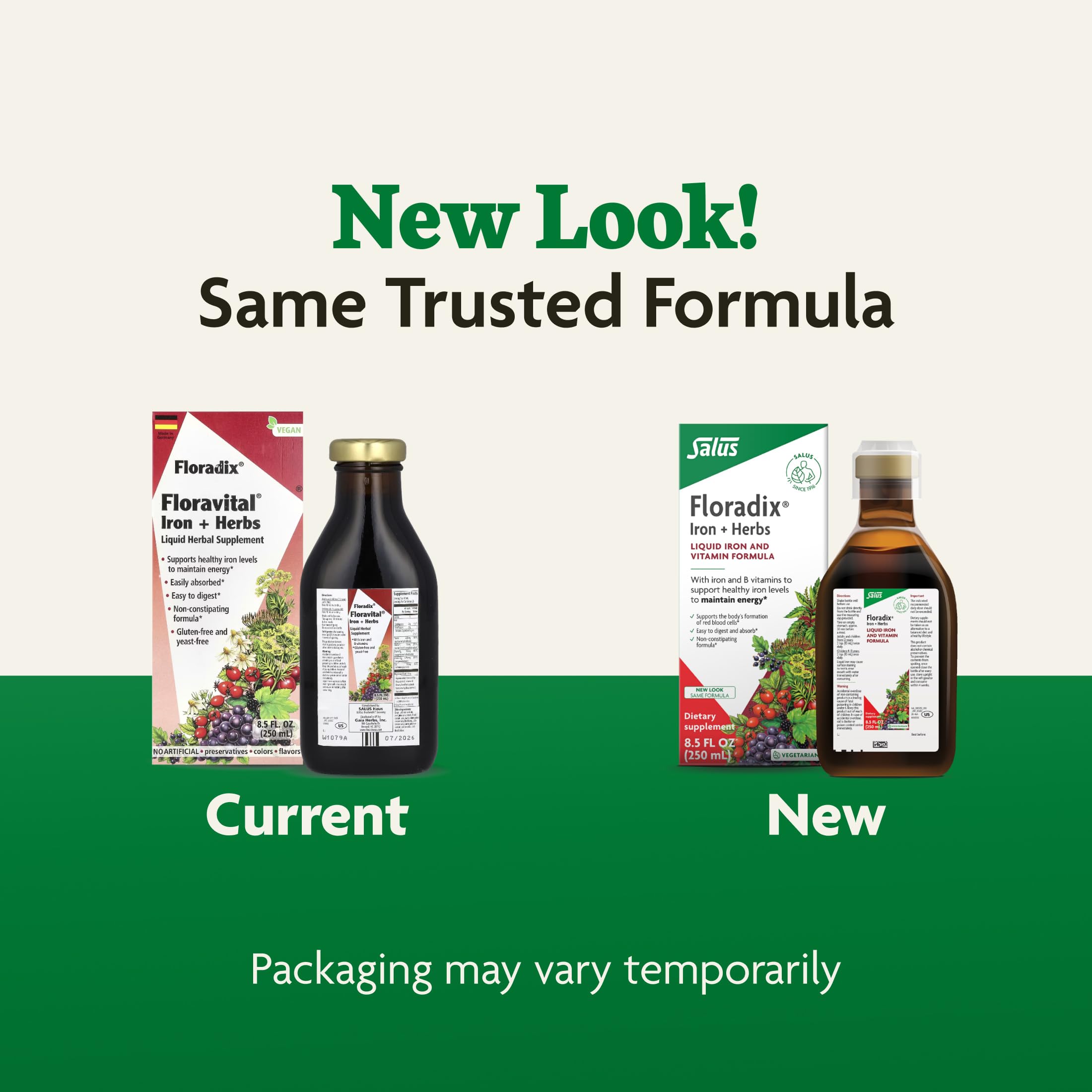 Lactose-free and alcohol-free Floradix bottle shown in a neat kitchen setup