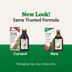 Lactose-free and alcohol-free Floradix bottle shown in a neat kitchen setup