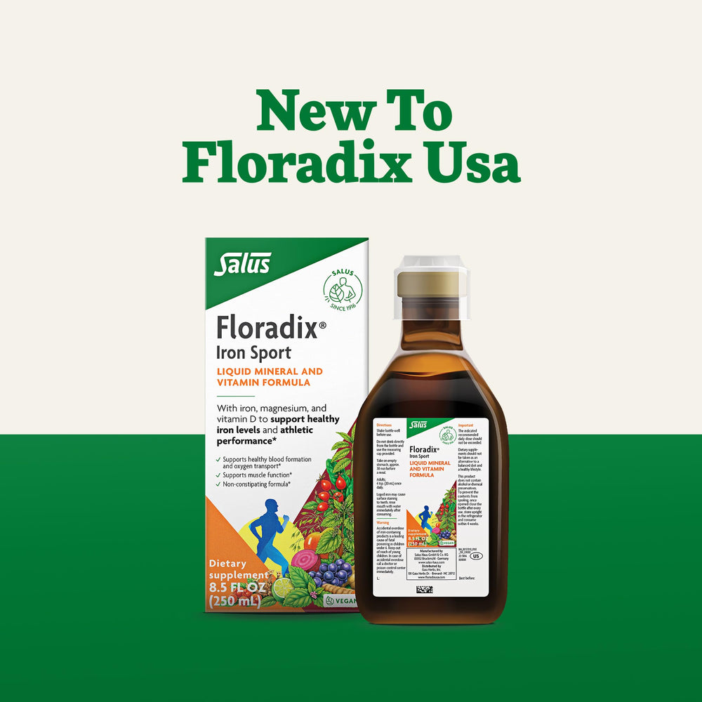 Floradix Iron Sport liquid vegan formula bottle close-up