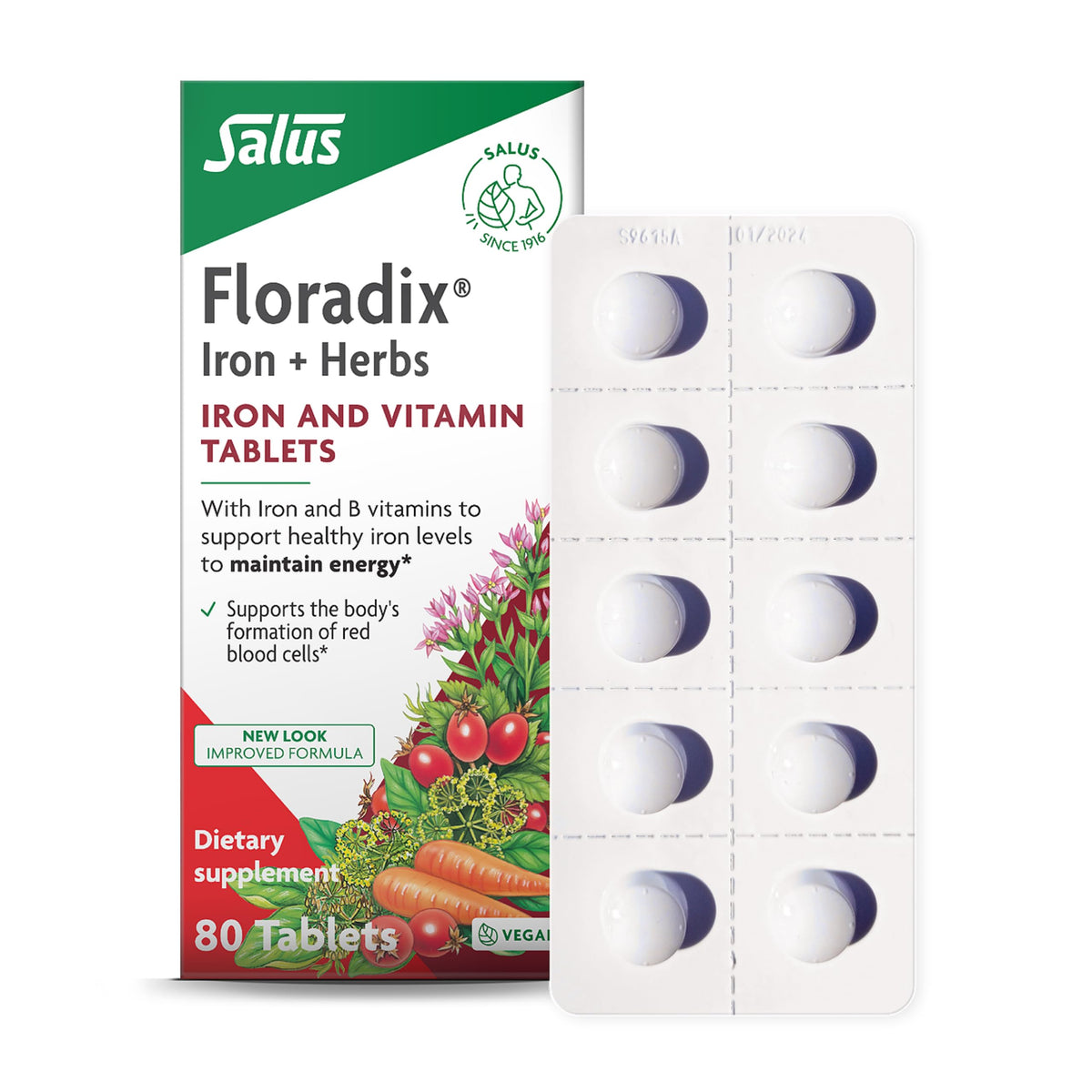 Floradix Iron Tablets bottle close-up for energy support and daily wellness.