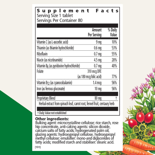 Floradix Iron Tablets bottle pour into glass illustrating easy daily use for energy.