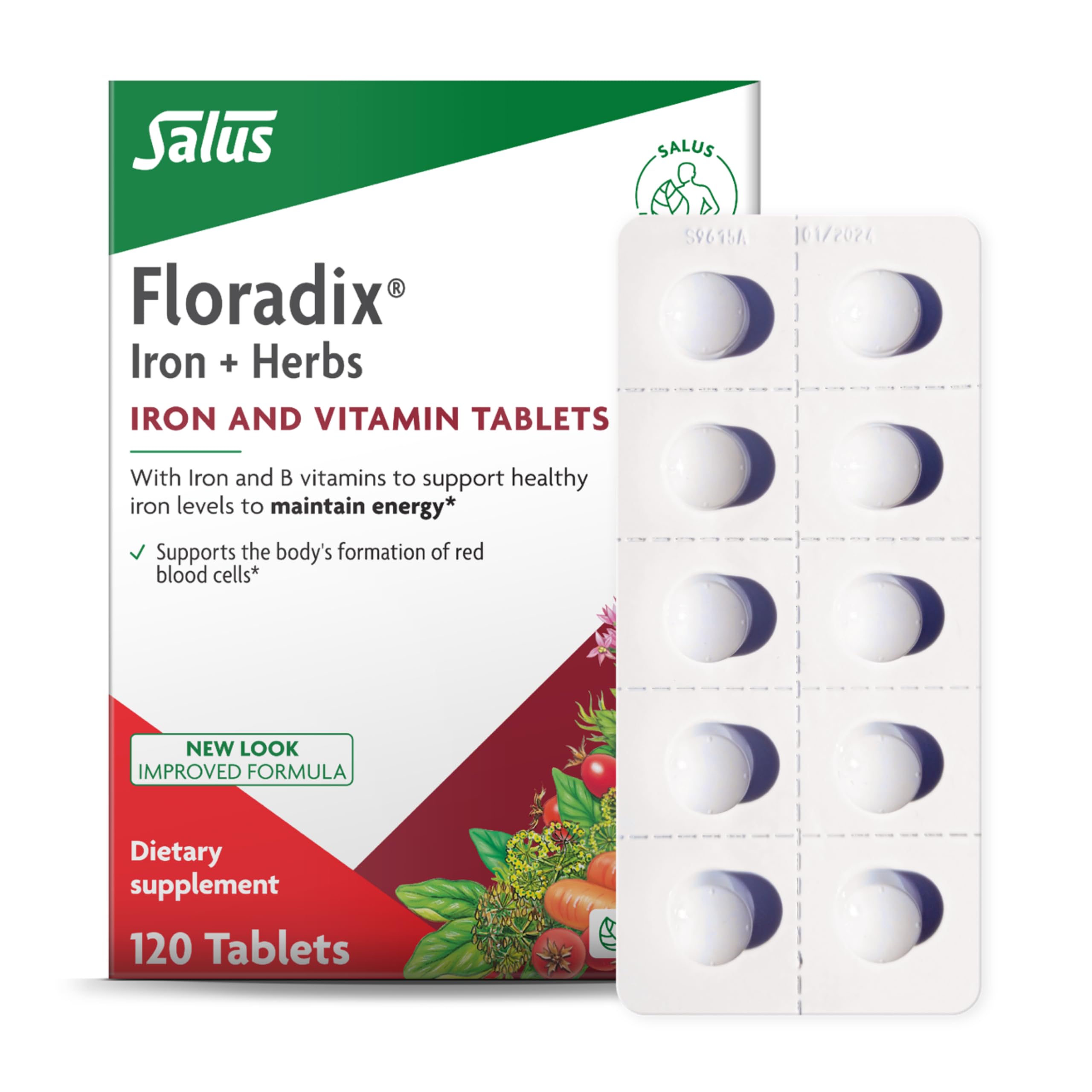 Floradix Iron Tablets bottle pouring shows easy daily dosing for vegetarians.