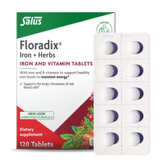 Floradix Iron Tablets bottle pouring shows easy daily dosing for vegetarians.