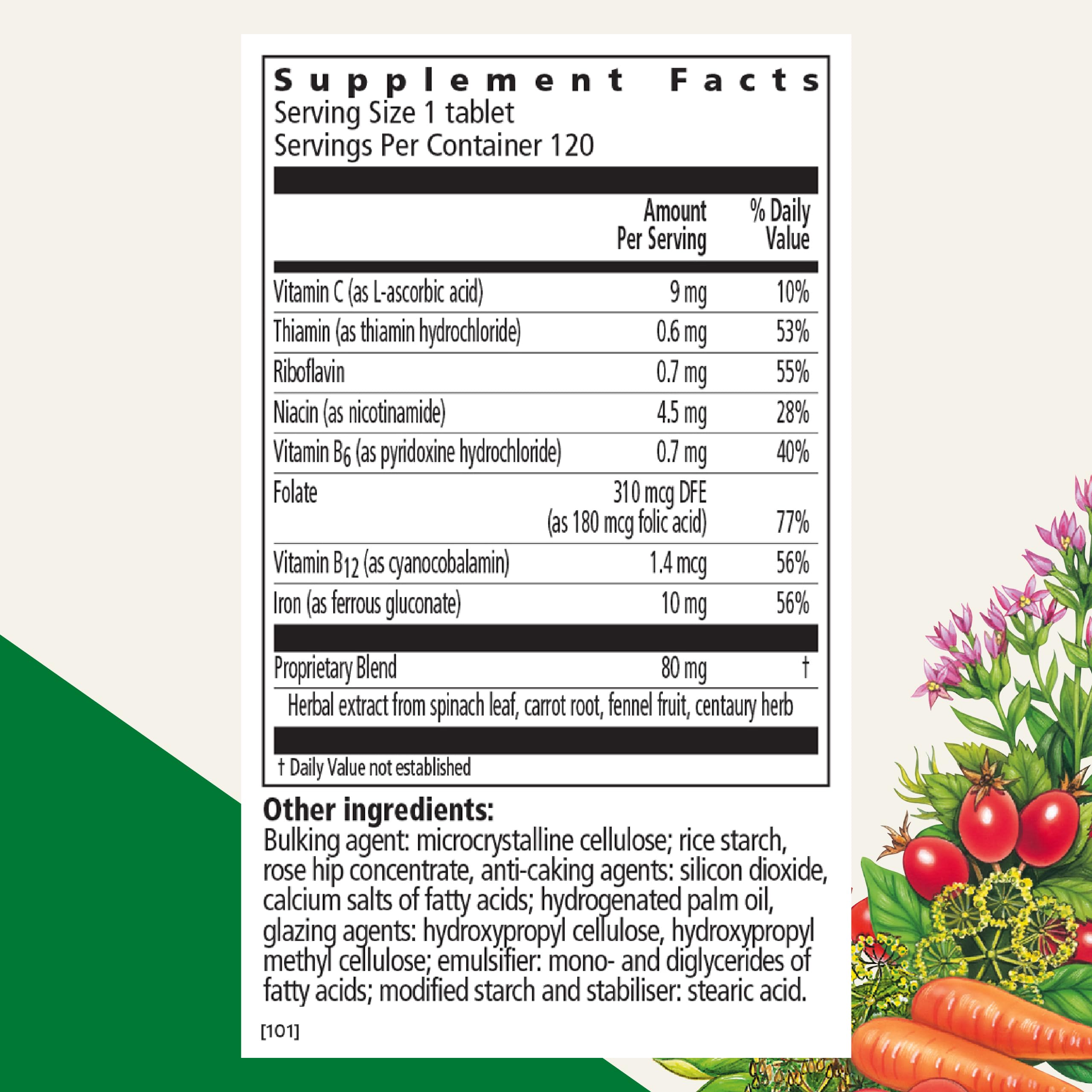 Close-up of Floradix Iron Tablets reveals vitamin B complex and vitamin C enrichment.