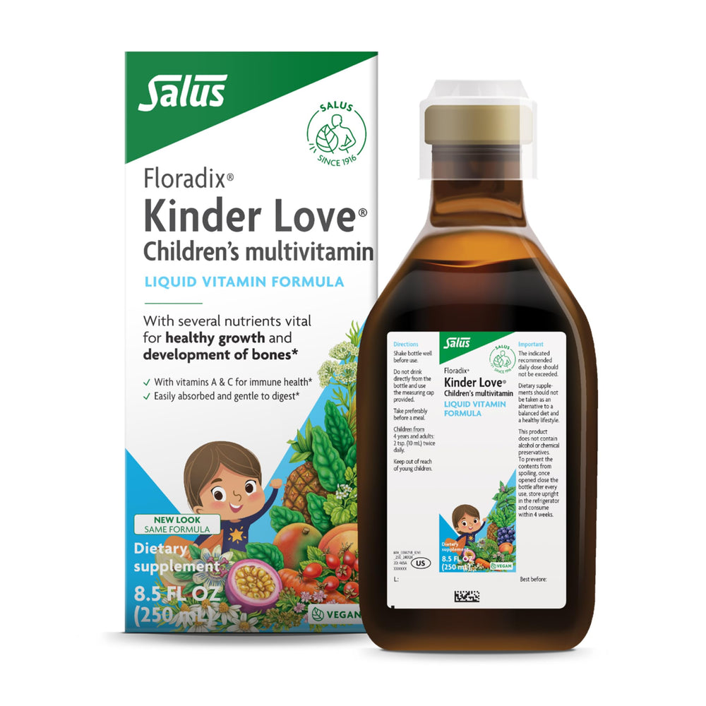 Floradix Kinder Love bottle closeup showing vibrant liquid for daily nutrition