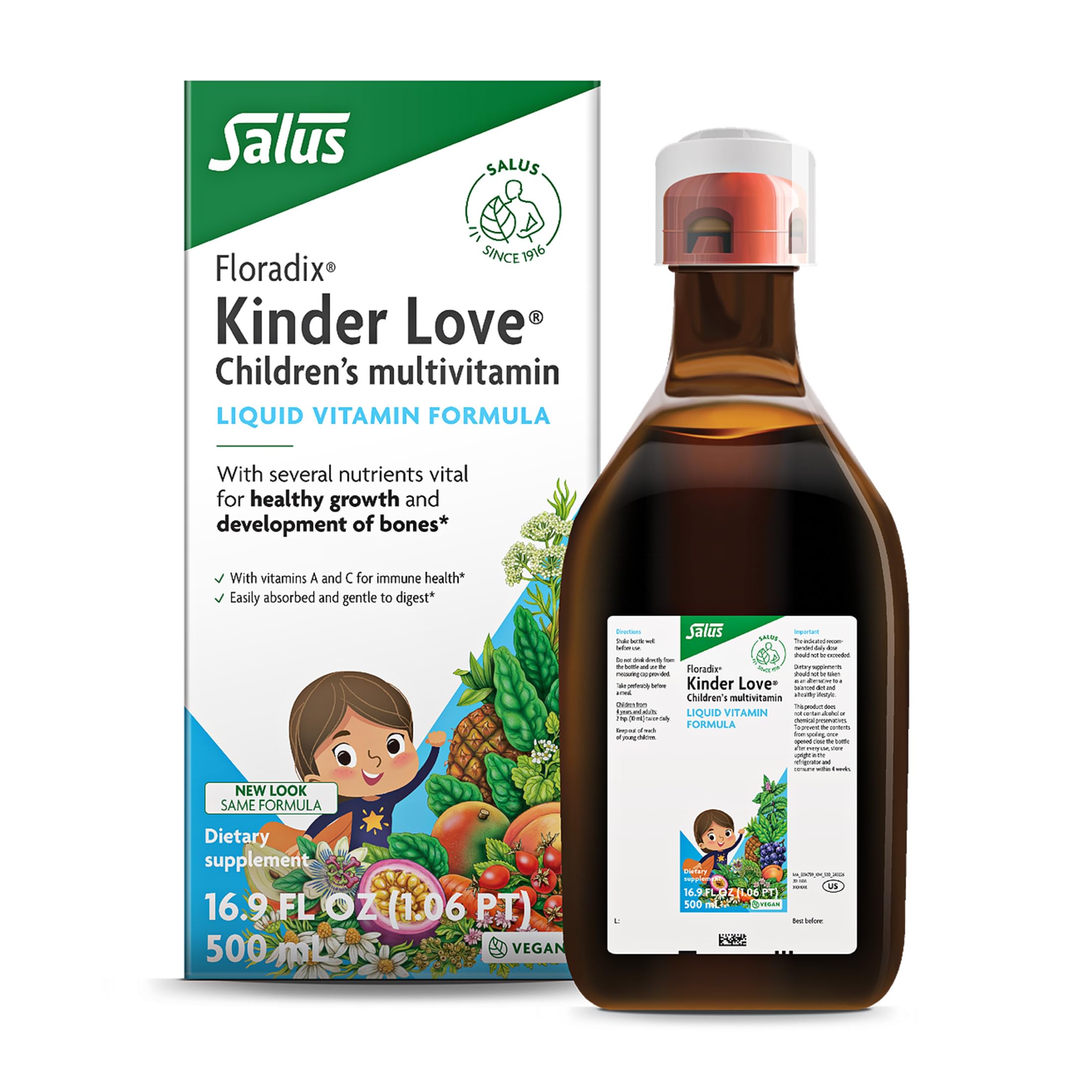 Floradix Kinder Love bottle front showing kid-friendly packaging for daily nutrition
