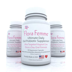FLORAFEMME bottle and capsules set in a morning routine layout.
