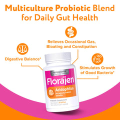 Close-up of Florajen Acidophilus capsules for daily digestion aid.