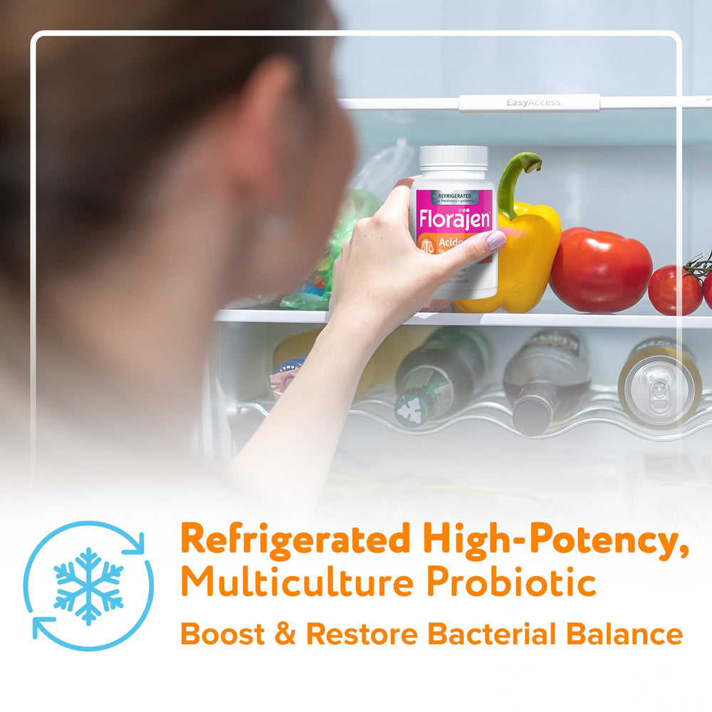 Florajen Acidophilus cold chain claim highlights sustained potency.