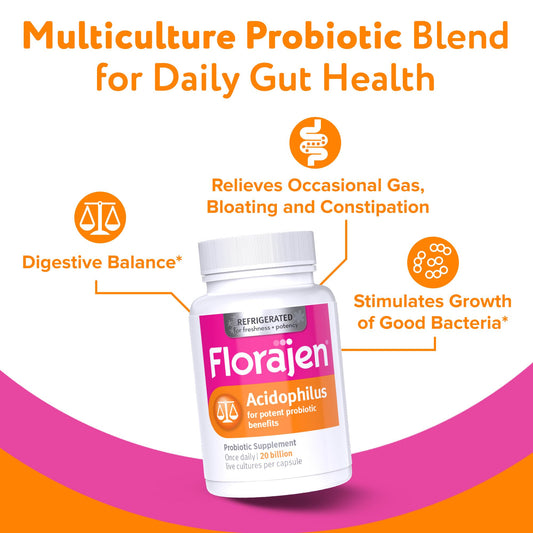 Florajen Acidophilus label shows allergen-free formulation.