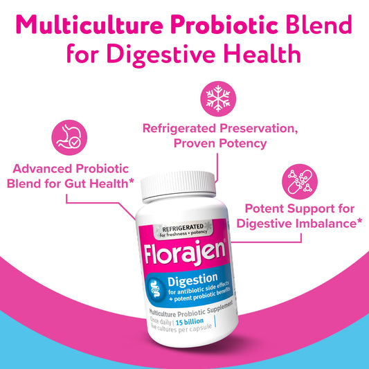 Florajen Digestion capsules close-up highlights 15B CFUs for potent gut support.