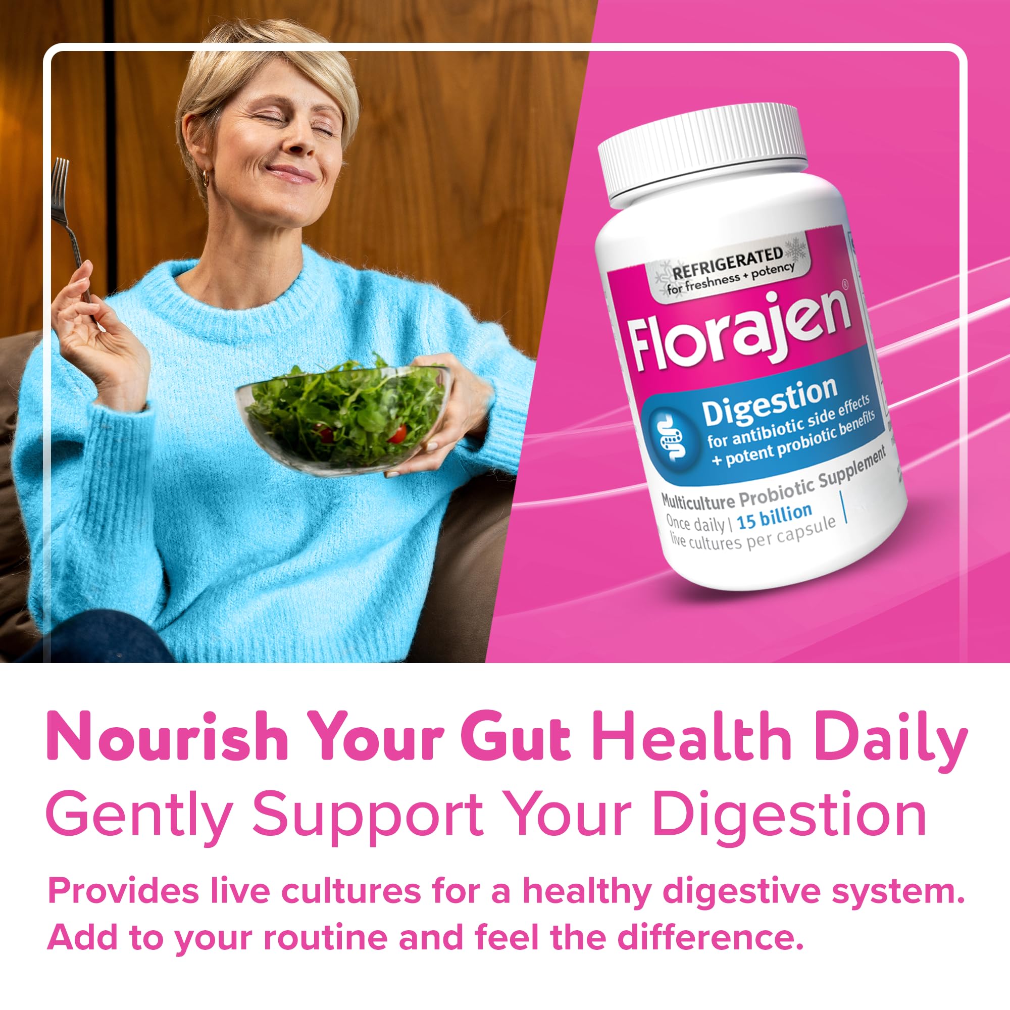 Florajen Digestion travel pack scene showcases on-the-go probiotic convenience.