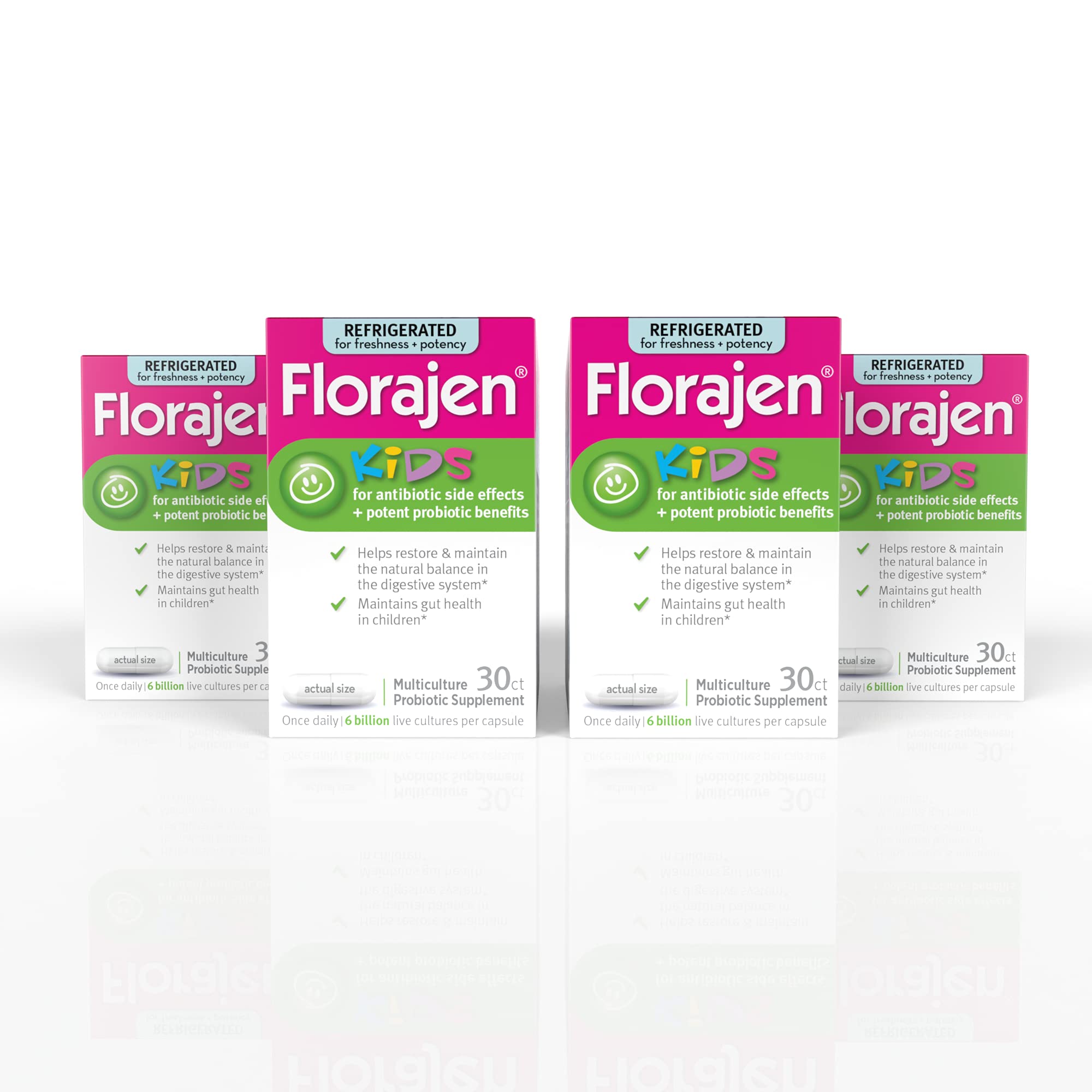 Florajen Kids probiotics bottle shows 6 billion cultures for daily gut support.