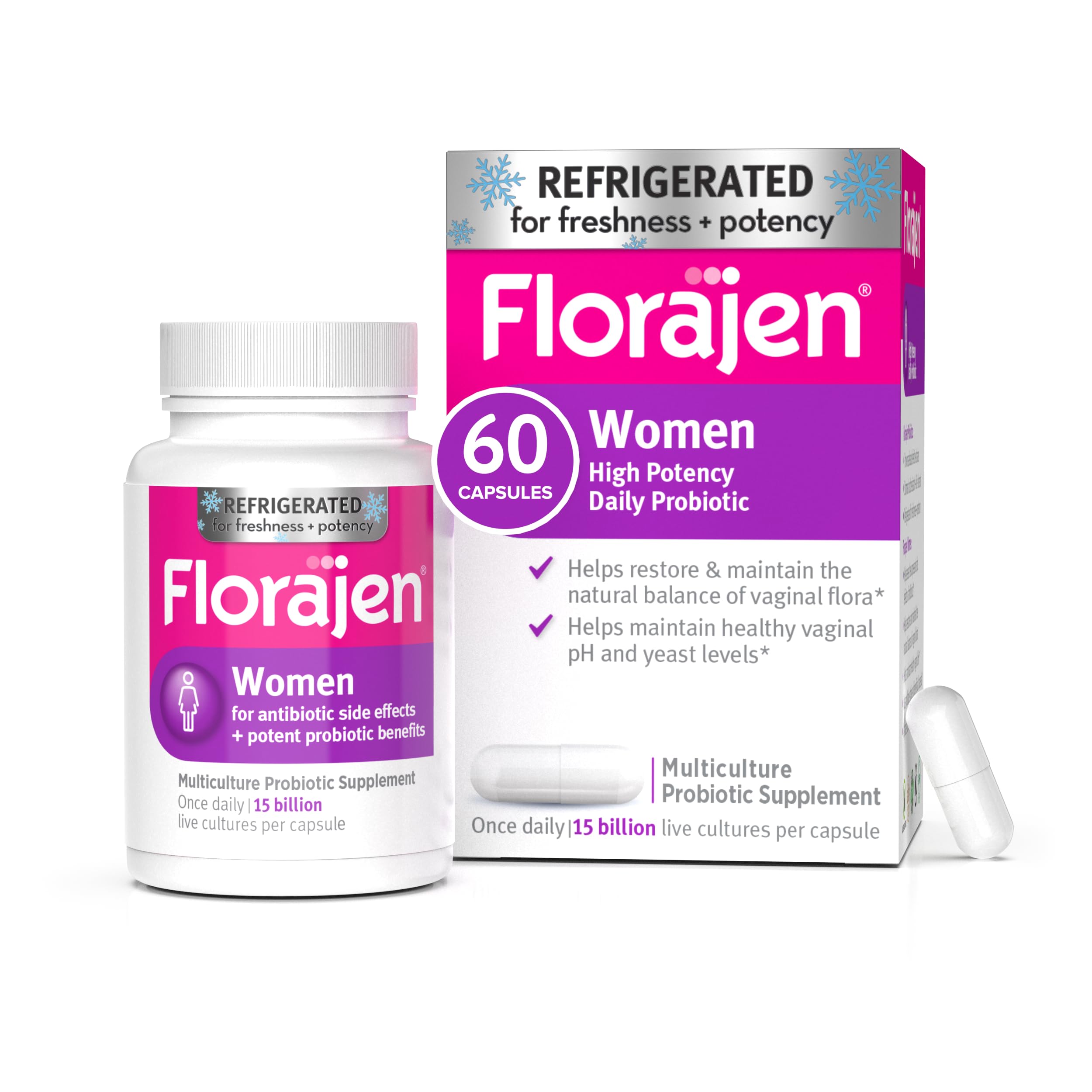 Florajen Women’s probiotic bottle showing multi-strain formula for vaginal and gut balance