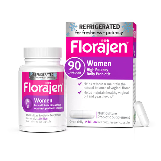 Florajen women's vaginal probiotics bottle for daily gut and vaginal balance.