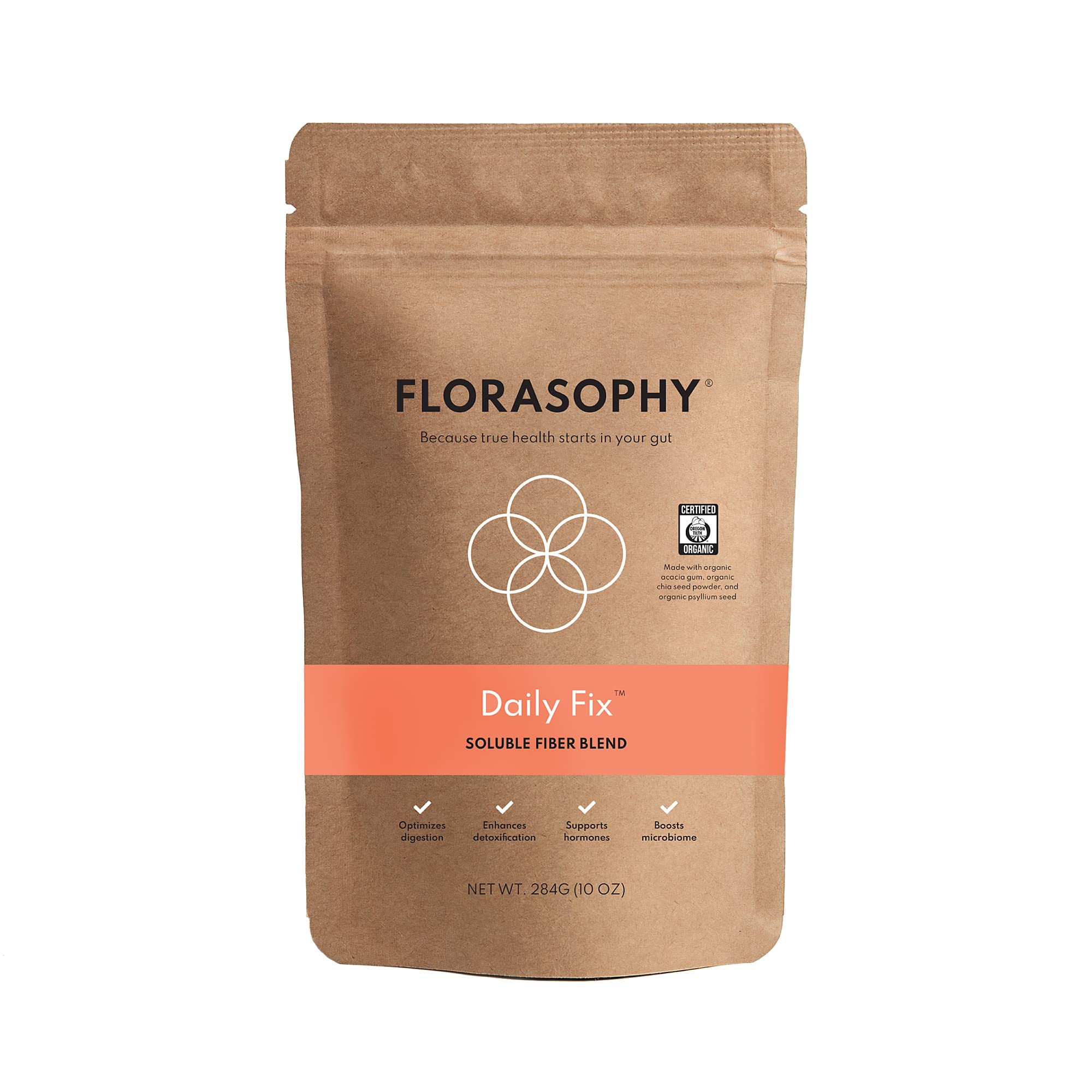 Florasophy Daily Fix bottle closeup shows organic soluble fiber for gut health