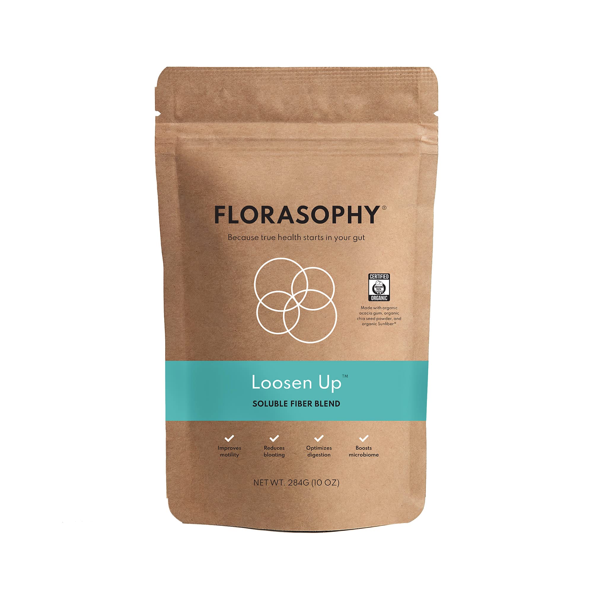 Florasophy Loosen Up bottle showing gut-friendly soluble fiber for daily support