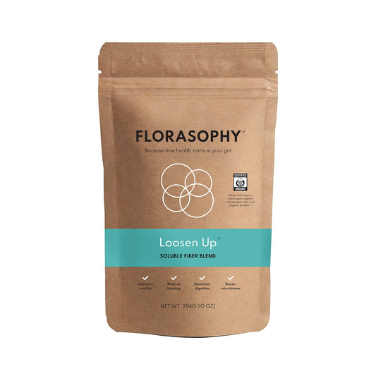 Florasophy Loosen Up bottle showing gut-friendly soluble fiber for daily support