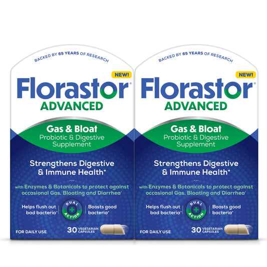Florastor Advanced Gas and Bloat Probiotic bottle with capsules promoting digestive comfort.