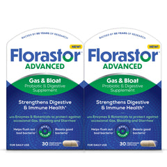 Florastor Advanced Gas and Bloat Probiotic bottle with capsules promoting digestive comfort.