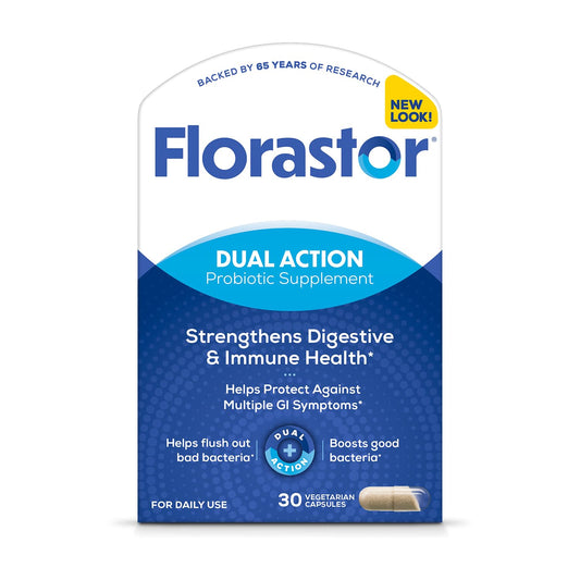 Florastor bottle with capsules supports daily digestive balance and immune health.