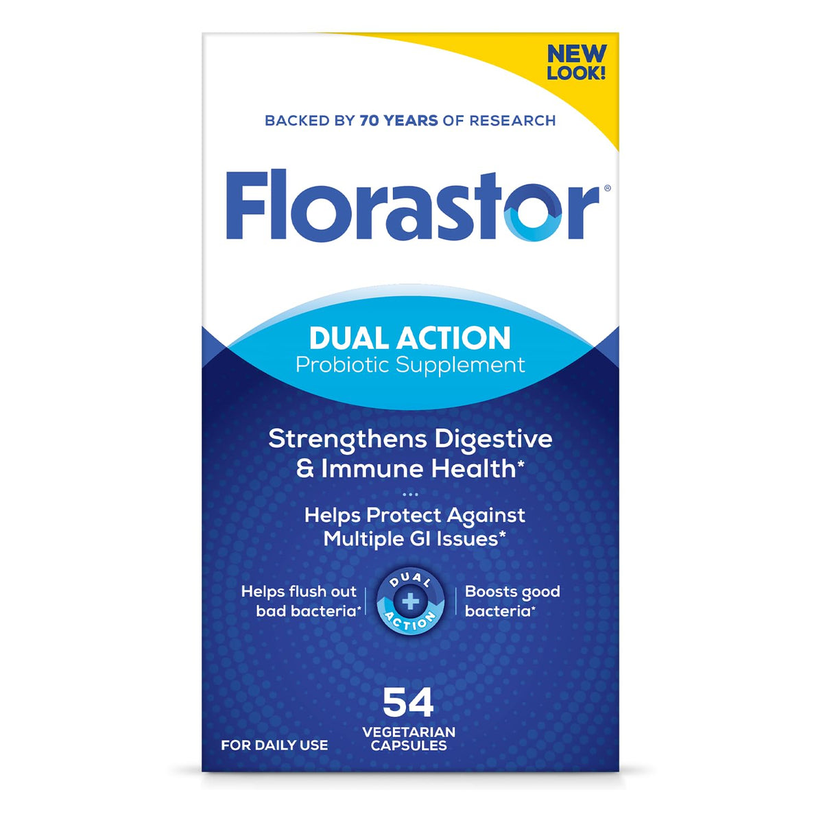 Florastor bottle front shows daily probiotic support for digestive balance.