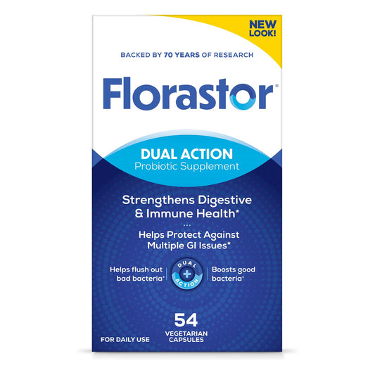 Florastor bottle front shows daily probiotic support for digestive balance.