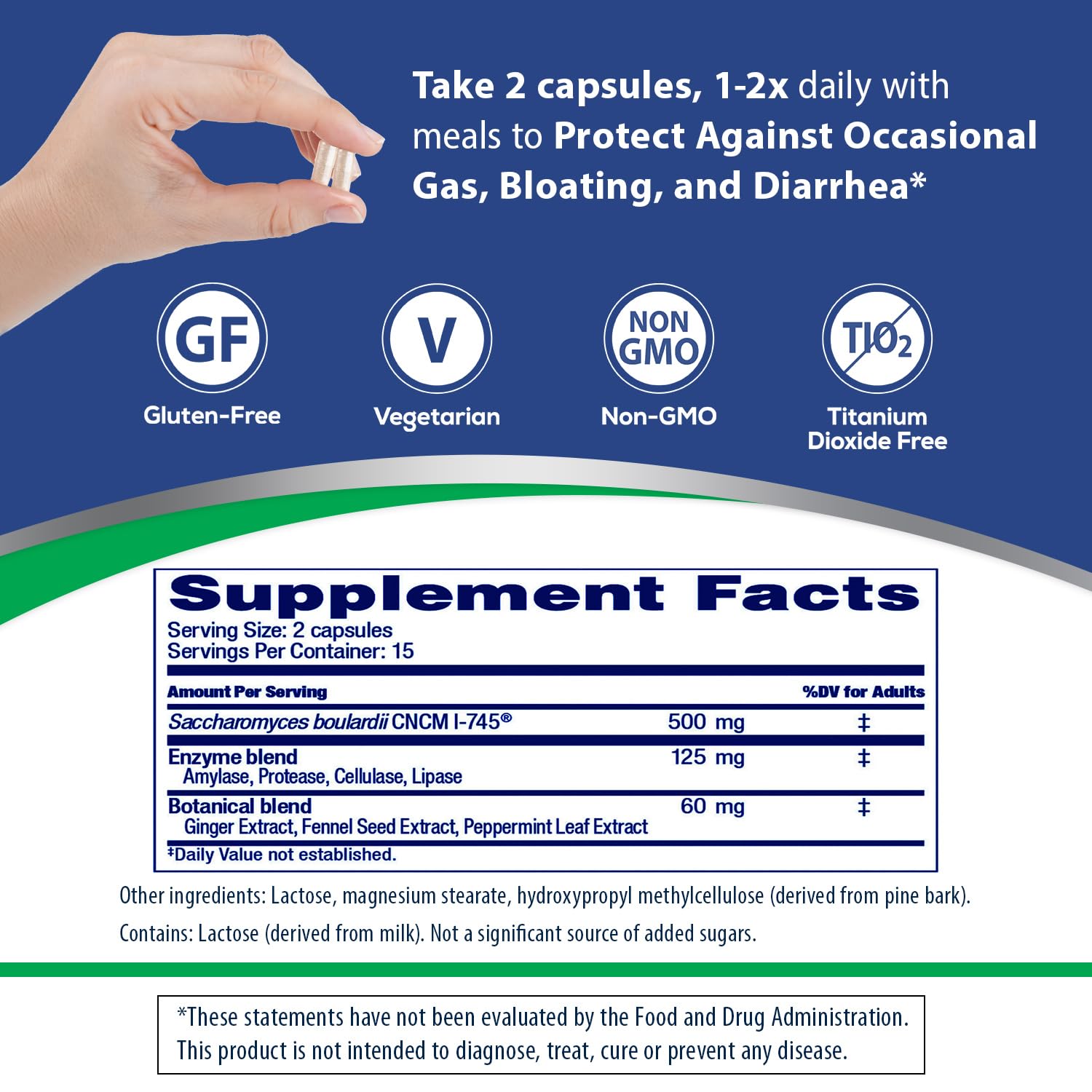 Florastor daily capsules image emphasizes routine use with meals.