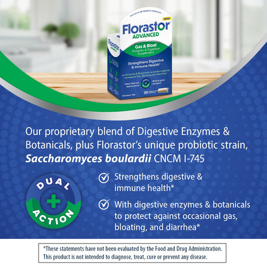 Florastor digestive enzymes blend capsules suggesting supported digestion.