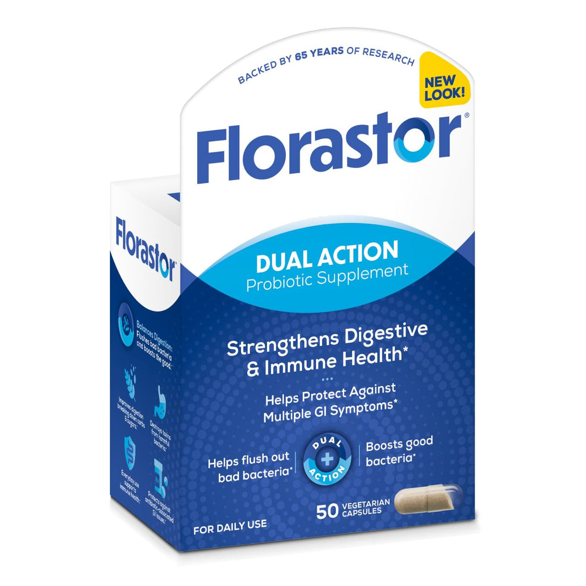 Florastor Dual Action Probiotic bottle with capsules, may support balanced digestion and immune health.