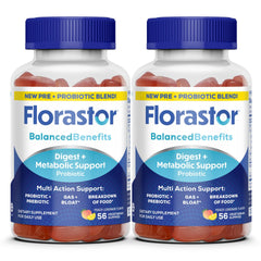 Florastor Gummies bottle with peach-lemon flavor for daily digestive support.