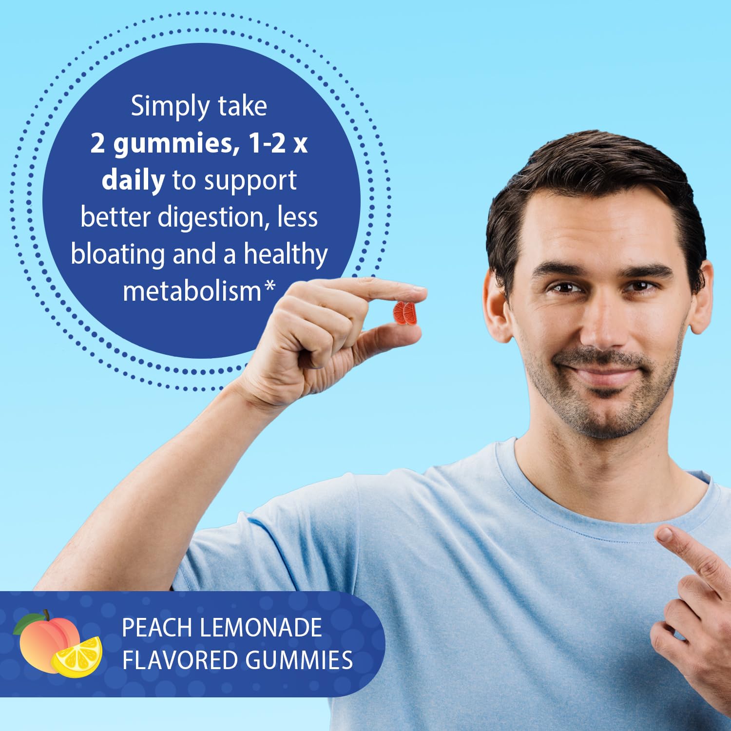 Florastor Gummies illustrate digestive balance for occasional discomfort and bloating.