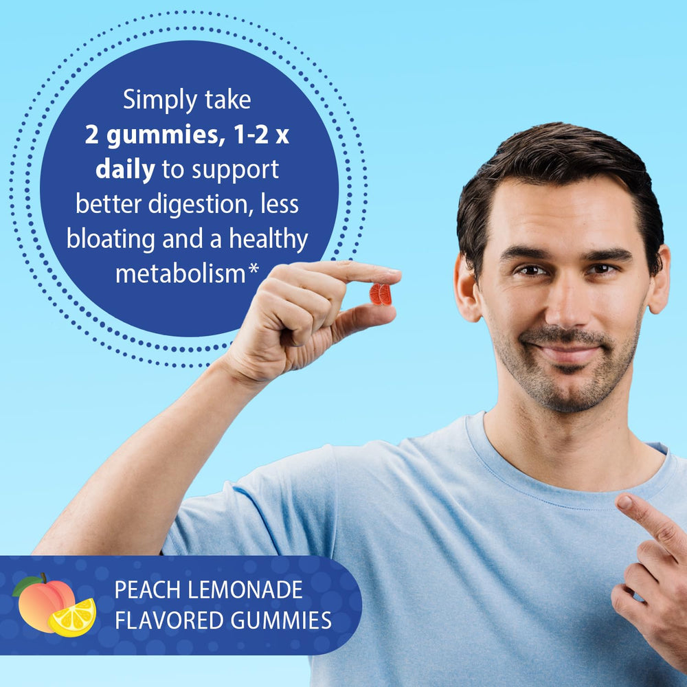 Florastor Gummies illustrate digestive balance for occasional discomfort and bloating.