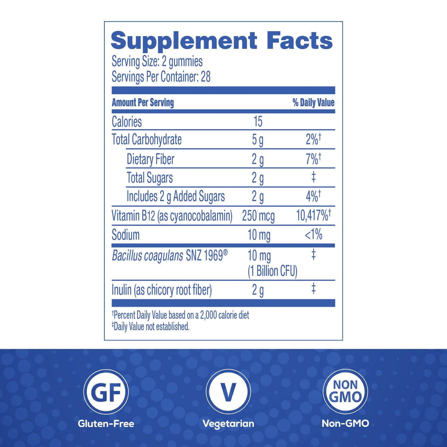 Florastor Gummies label shows vegetarian and non-GMO status for mindful choices.