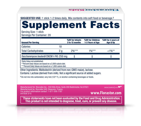 Unwrap and blend Florastor Kids powder sachet into beverage for convenient daily use.