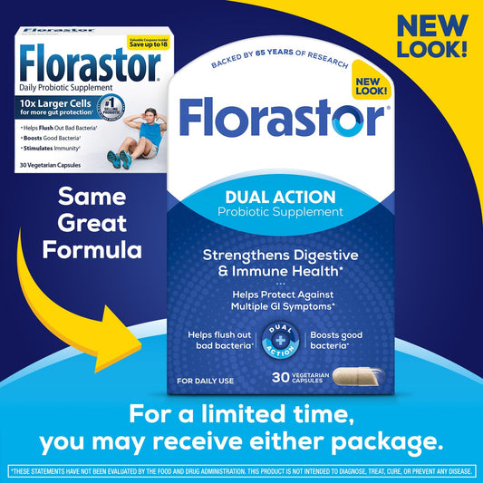 Florastor label packaging highlights gluten-free, vegetarian probiotic formula.
