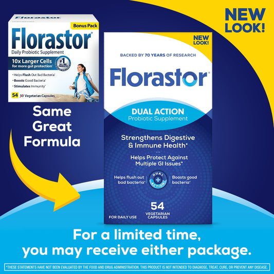 Florastor packaging side highlights gluten-free, vegetarian capsules and the unique strain.