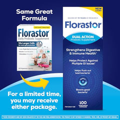 Florastor bottle shows the Saccharomyces boulardii CNCM I-745 strain for gut health.