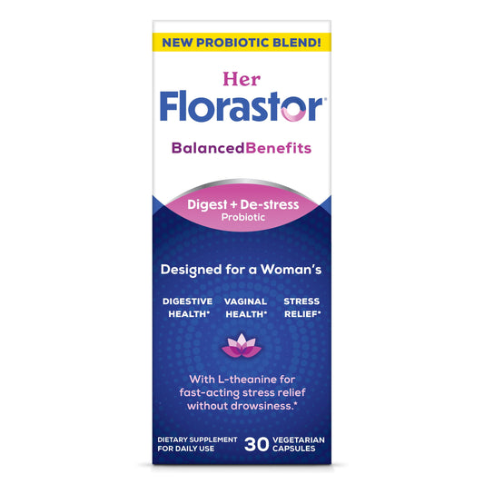 Florastor women's probiotic bottle highlighting digestive health and vaginal balance