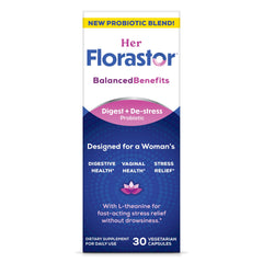 Florastor women's probiotic bottle highlighting digestive health and vaginal balance
