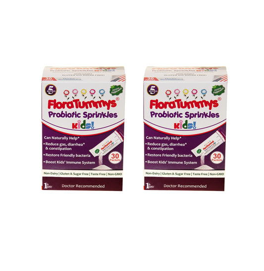 FloraTummys packaging for kids highlights allergen-free formula and convenient packaging.