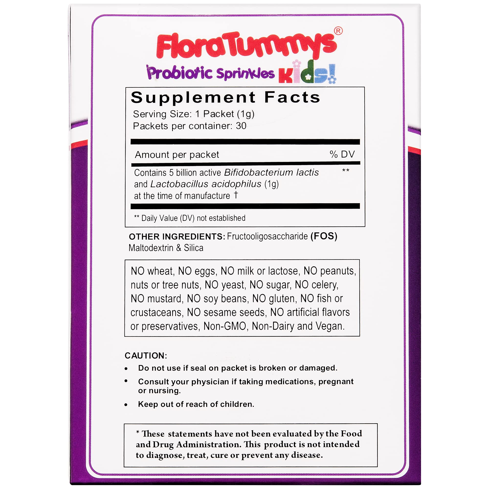 Close-up of FloraTummys single-use packets shows taste-free powder.