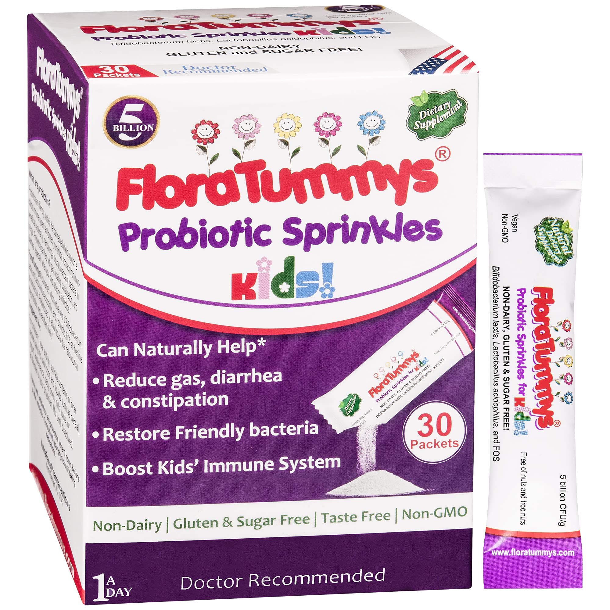 FloraTummys probiotic sprinkles scoop demonstrates easy dosing for busy mornings.